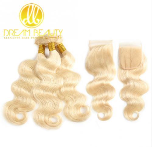 Elegants Hair Brazilian Body Wave 613 Bundles With Lace Closure 100% Human Hair Extension Remy Hair Blonde Bundles With Closure