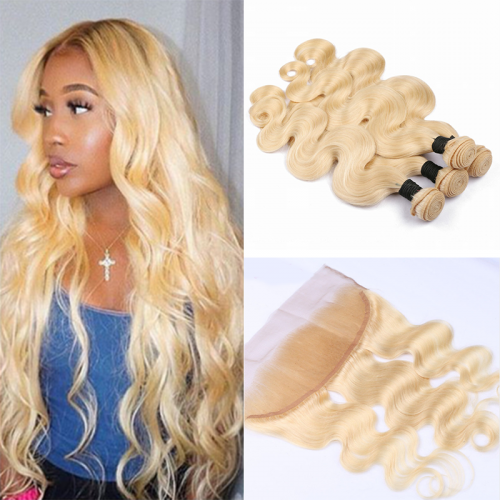 Elegants Hair 613 Blonde Bundles With Frontal Malaysian Remy Blonde Human Hair Body Wave 3 Bundles With Lace Frontal Closure