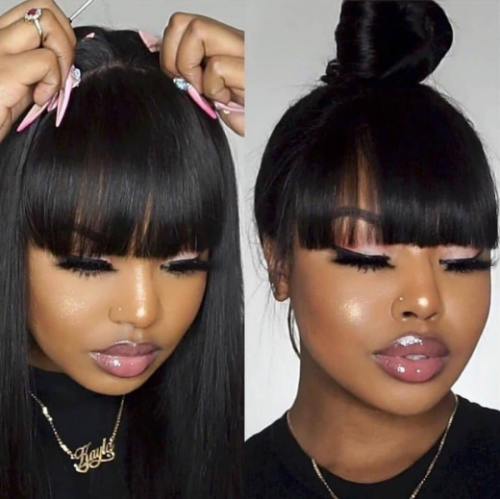 Bang Wig Human Hair Straight Pre Plucked  Wig With Baby Hair Wig With Bangs Preplucked Lace Wig Remy