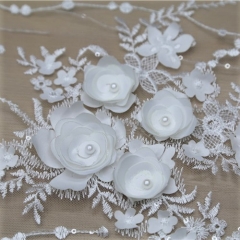 KHME5010 White 3D Flower Beaded Embroidered on Mesh Fabric