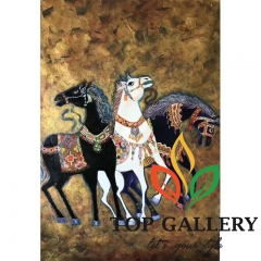 Horse painting in folk style , horse painting with gold background , three horse painting