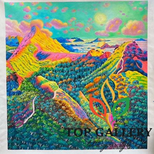 Mountain view in a sea of clouds , colorful mountain art, vivid mountain art