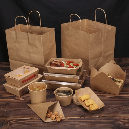 Eco Custom Logo Printed Recycle Food Take Away Packaging BROWN PAPER BAG With Handles