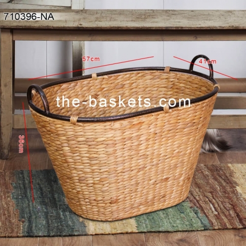 Water hyacinth storage basket with metal tube rim