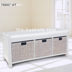 Long bench with cushion and three storage baskets