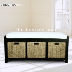 Long bench with cushion and three storage baskets