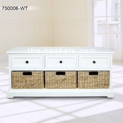 Long bench with three drawers and three storage baskets