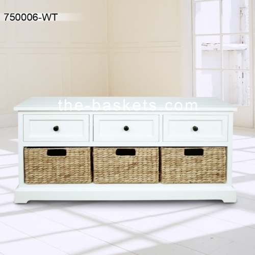 Long bench with three drawers and three storage baskets