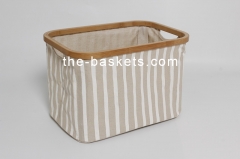 Foldable storage basket with water resistant PE coating at backside and bamboo top edge
