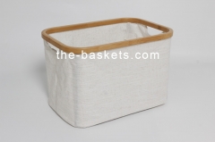 Foldable storage basket with water resistant PE coating at backside and bamboo top edge