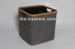 Foldable storage basket with water resistant PE coating at backside and bamboo top edge