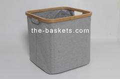 Foldable storage basket with water resistant PE coating at backside and bamboo top edge