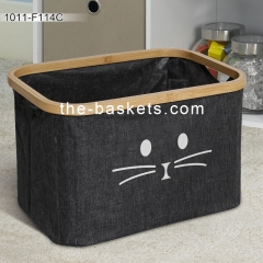 Foldable storage basket with water resistant PE coating at backside and bamboo top edge