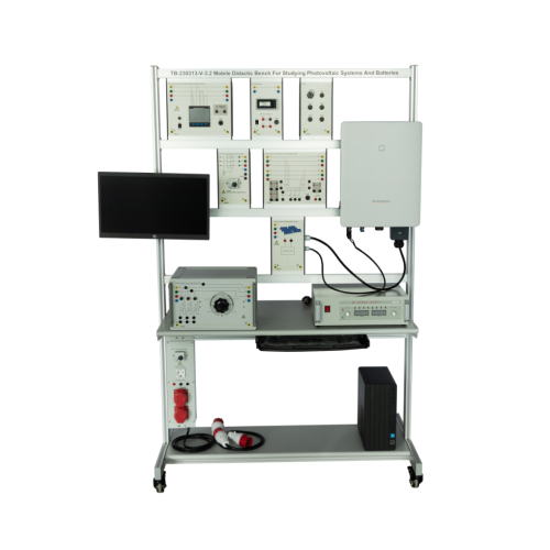 Bancada didática móvel para estudo de sistemas fotovoltaicos e baterias, bancada de treinamento profissional, bancada de laboratório educacional, equipamento de treinamento em energias renováveis.