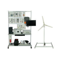 Bancada didática móvel com sistema híbrido de energia eólica e solar para ensino, equipamento de tecnologia educacional para treinamento em energias renováveis.