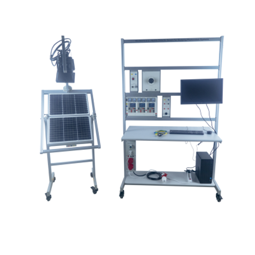 Bancada didática móvel para estudo de sistemas fotovoltaicos, equipamento didático, bancada educacional, equipamento de treinamento em energias renováveis.