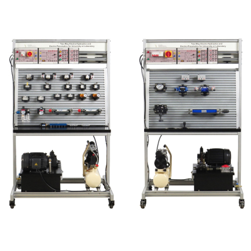 Sistema electrohidráulico y electroneumático bidireccional para equipos didácticos de laboratorio universitario: banco de trabajo para la enseñanza y entrenamiento neumático.