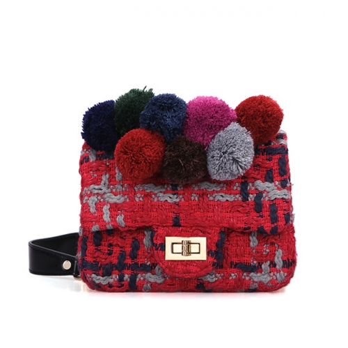 PU2331 Fashionable Autumn Winter Lady Handbag Woolen Cloth Square Shoulder Bag Pompom Bags