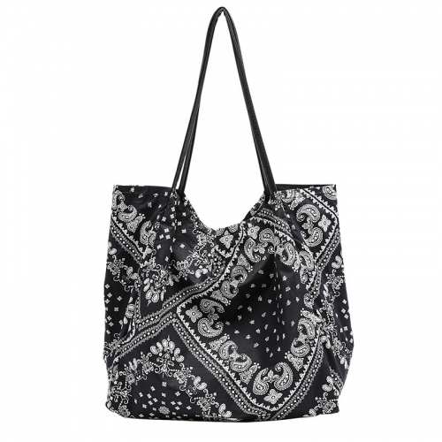 PU2434 Guangzhou wholesale printed black white canvas cotton tote bag large capacity shoulder bag for women
