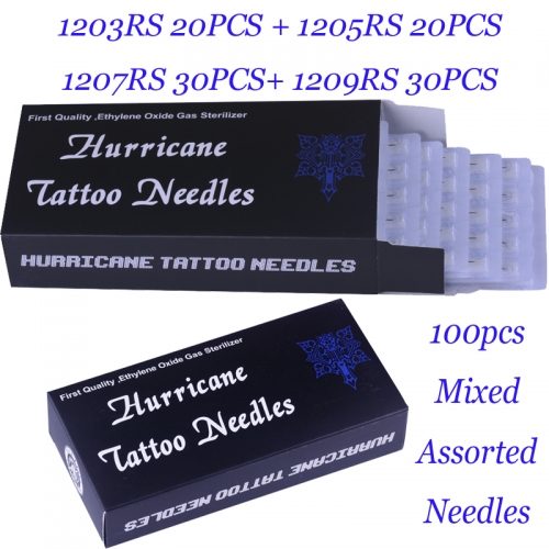 100Pcs Mixed size Hurricane tattoo needle 3RS/5RS 20pcs of each, 7RS/9RS 30pcs of each