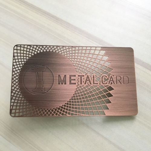 Brushed antique copper custom metal cards with cut background and etched logo