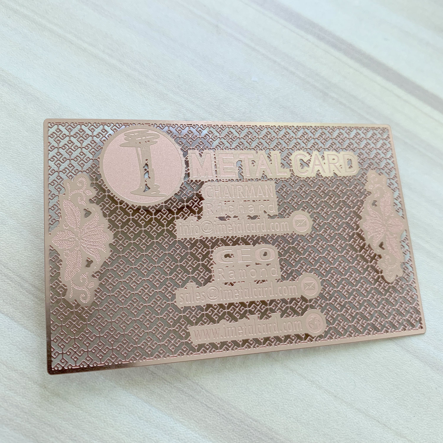 Custom cut pattern rose gold metal business cards