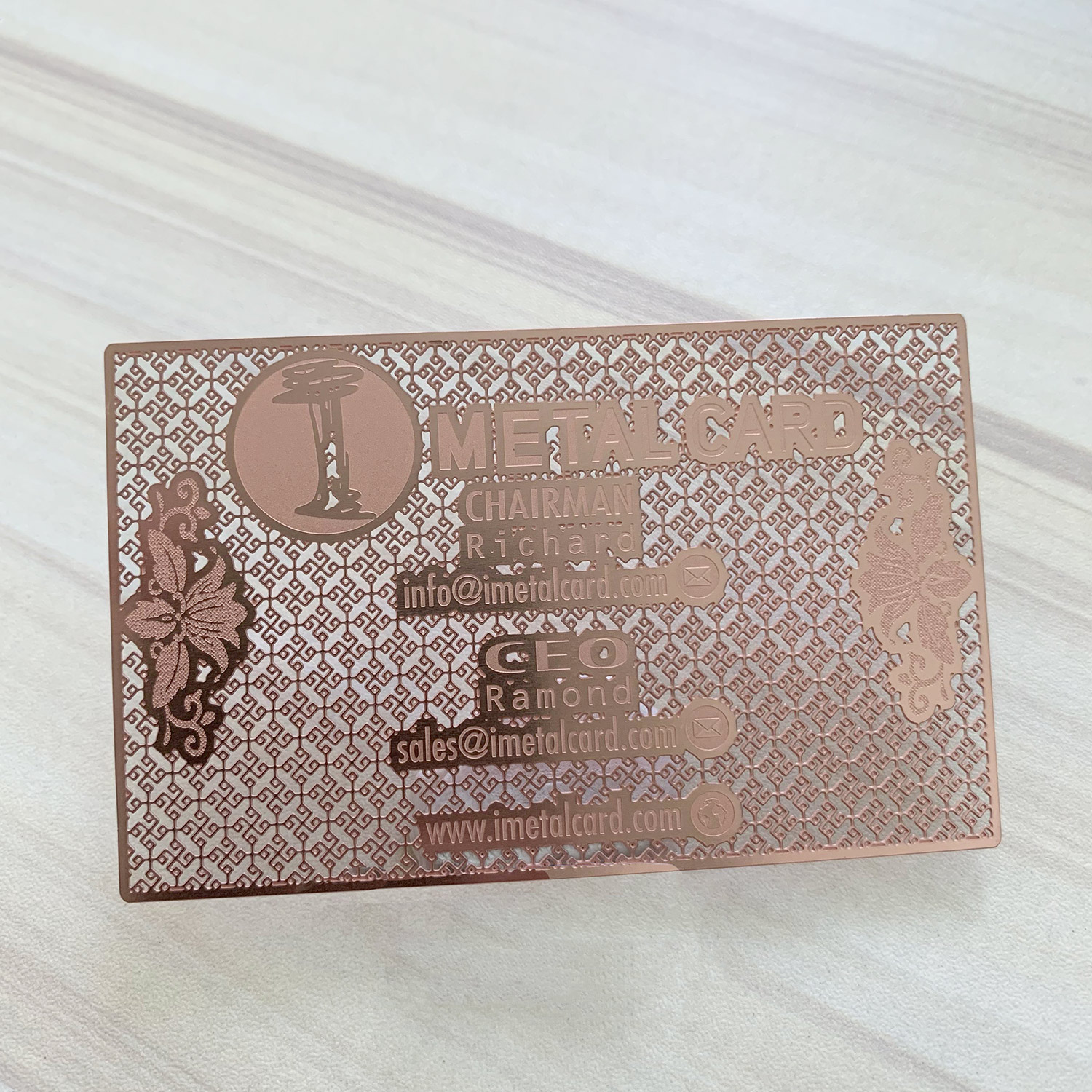 Rose gold metal business cards made out of stainless steel