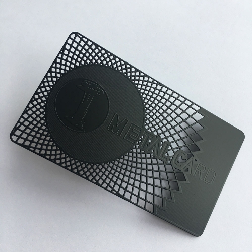 Matte black metal business card with cut background and etched logo