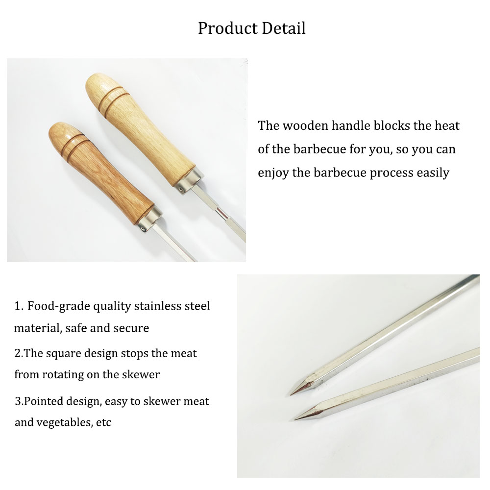 stainless steel bbq kebab skewers 5x5mm square shape with wooden handle