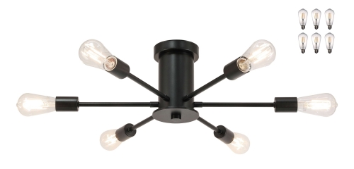 Semi Flush Light, Industrial 6 Light Black Sputnik Flush Mount Ceiling Light with LED Bulbs XB-SF1241-6-MBK-LED