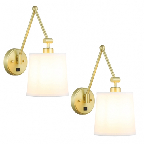 Wall Lamp, Industrial 1 Light Sconces Wall Mounted Light with Fabric Shade Satin Brass Finish for Bedroom Bedside & Living Room 2 Pack XB-W1265-SB