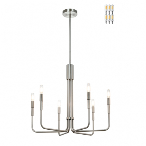 Chandelier Pendant Light, Nickel Chandeliers with LED Bulb Modern Adjustable Hanging Ceiling Light for Living & Dining Room XB-C1213-6-BN