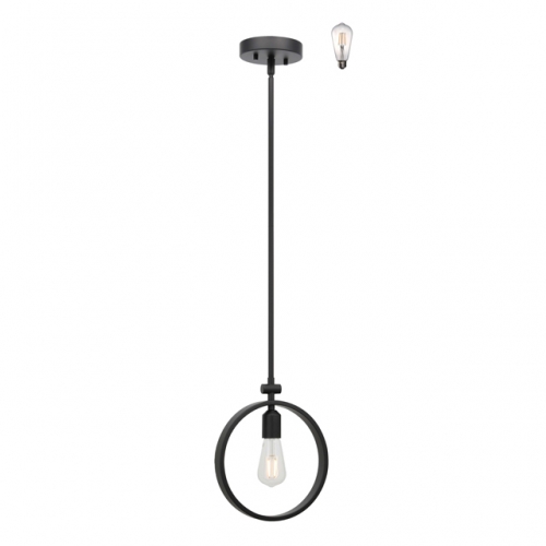 Pendant Light 1 Light Kitchen Pendant Lighting with LED Bulb, Industrial Black Metal Hoop Adjustable Hanging Ceiling Light XB-P1269-MB-LED