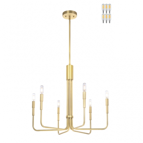 Chandeliers, 6 Light Chandelier with LED Bulb, Modern Pendant Lighting Satin Brass Finish for Living & Dining Room XB-C1213-6-SB