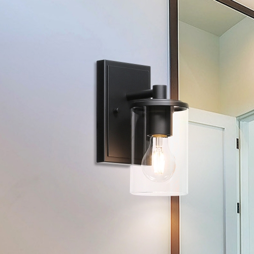 Wall Sconce 1 Light Bathroom Vanity Light with Glass, Modern Indoor Black Sconces Wall Lighting XB-W1240-1-MB