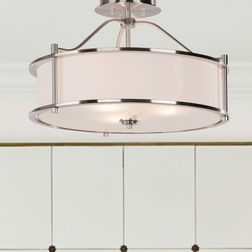 Semi Flush Mount Ceiling Light 18 inch 3 Light Close to Ceiling Light with Fabric Shade and Glass Diffuser, Brushed Nickel Drum Semi Flush Light for Dinning & Bedroom  XB-SF1199-BN
