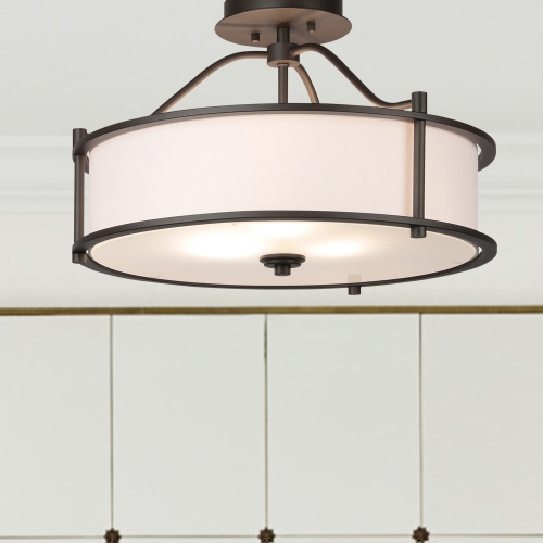 Semi Flush Mount Ceiling Light 18 Inch 3 Light Close to Ceiling Light with Fabric Shade and Frost Glass Diffuser in Dark Bronze Drum Semi Flush Light  XB-SF1199-DB
