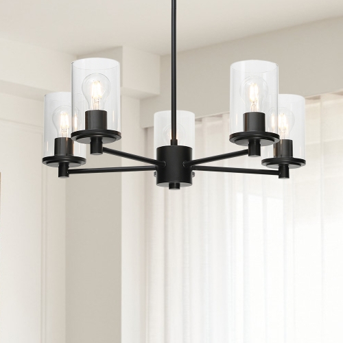 Chandeliers, Modern 5 Light Black Adjustable Pendant Lighting with Glass for Dining Room XB-C1240-5-MB