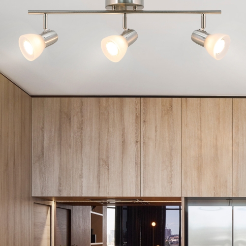 Track Light, 3 Light Kitchen Ceiling Light with Glass, Modern Fixed Rail Lighting Brushed Nickel XB-TR1237-3-BN