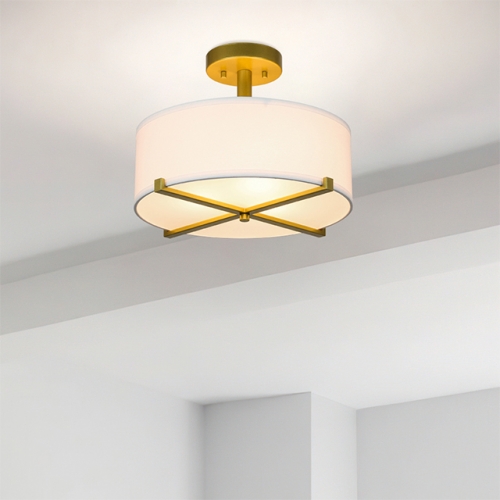 3 Light Semi Flush Mount Ceiling Light Fixture with White Drum Fabric Shade Modern Gold Brass Close to Ceiling Lamps for Living Room & Bedroom XB-SF1292-GB