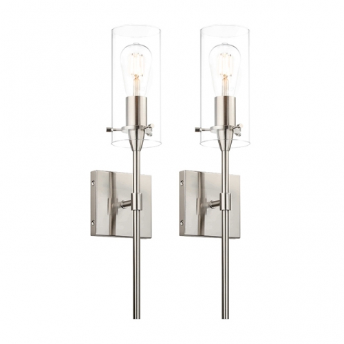 Bathroom Wall Sconces Set of 2, Modern 1 Light Brushed Nickel Wall Sconce with Clear Glass Indoor Vanity Sconces for Bathroom Hallway & Living Room  XB-W1301-2BN
