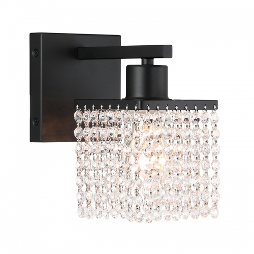 Crystal Wall Sconce, Modern Bath Sconce Light with K9 Clear Crystal Strands Shade Black Single Sconces Wall Lighting for Bathroom Bedroom Living Room XB-W327-1-MB