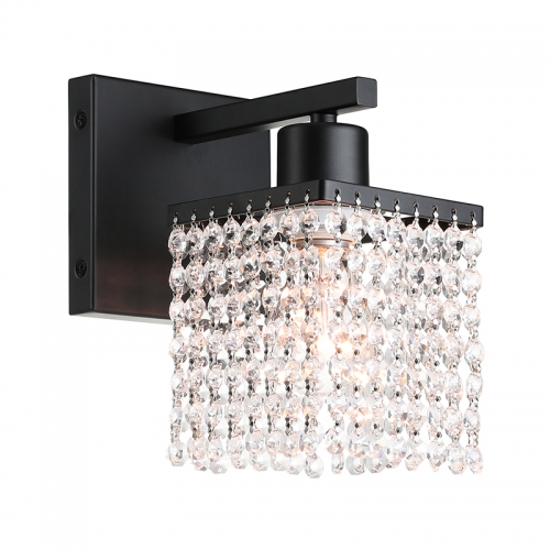 Crystal Wall Sconce, Modern Bath Sconce Light with K9 Clear Crystal Strands Shade Black Single Sconces Wall Lighting for Bathroom Bedroom Living Room XB-W327-1-MB