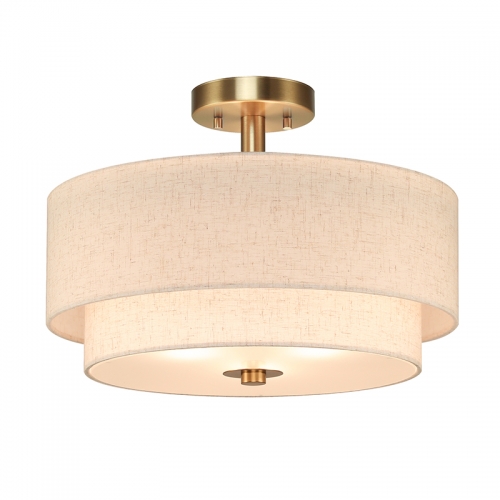 16inch Semi Flush Mount Ceiling Light, 3-Light Brass Double Drum Light Fixture with Linen Shade Close to Ceiling Lamp for Bedroom Living Room Kitchen XB-SF1289-BS