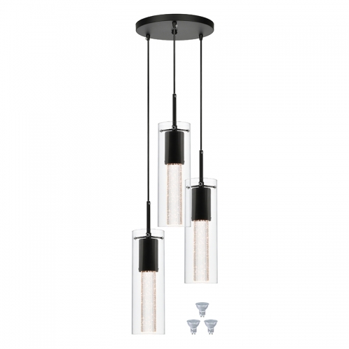 Pendant Light, Modern 3 Light Cluster Kitchen Island Pendant Lighting with LED Bulb & Bubble Crystal, Matte Black Finish XB-P1110-3-MB