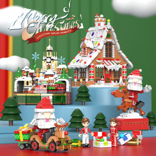 XB18019 18020 18021 18022 Santa Claus Gingerbread House Castle Music Box Building Blocks Christmas Holiday Toy House From China