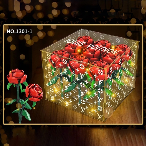 MOC 1301-1 Rose Box With 9  Rose Flower Buidling Blocks (Light Part+Ribbon+UV Sticker) Ship From  China.