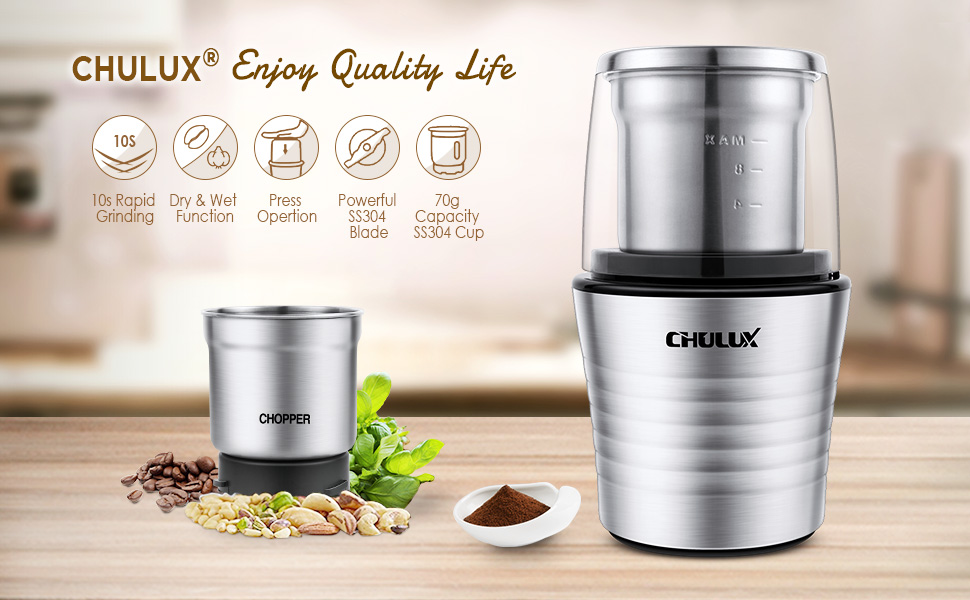 CHULUX Single Serve Coffee Maker with Electric Wet & Dry Coffee Coffee  Grinder,One Button Operation with Capacity 5 to 12 Ounce,Gray