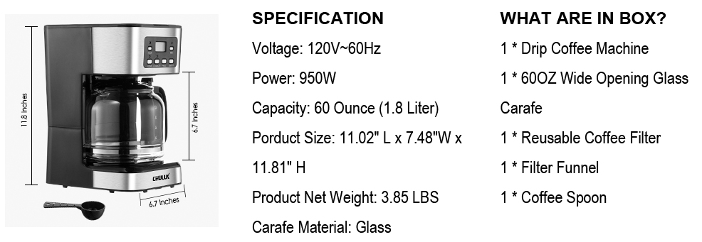 CHULUX 24-Hour Programmable Drip Coffee Machine with LCD Screen and 12 Cup(60  OZ )Glass Carafe,Brew Strength Control,2-Hour Keep Warm,Auto Shut Off