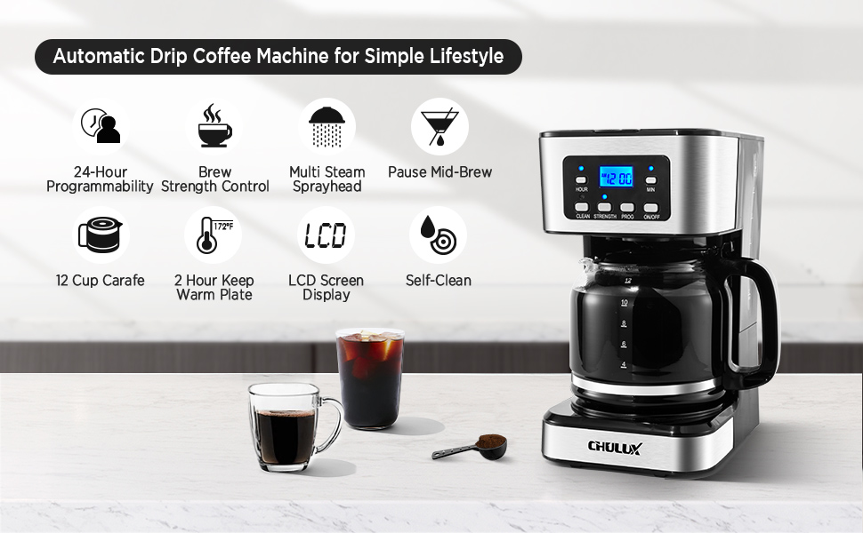 CHULUX 24-Hour Programmable Drip Coffee Machine with LCD Screen and 12 Cup(60  OZ )Glass Carafe,Brew Strength Control,2-Hour Keep Warm,Auto Shut Off